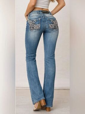 Women's Platinum Plush Chrome Rider Embroidered Bootcut Jeans NEW